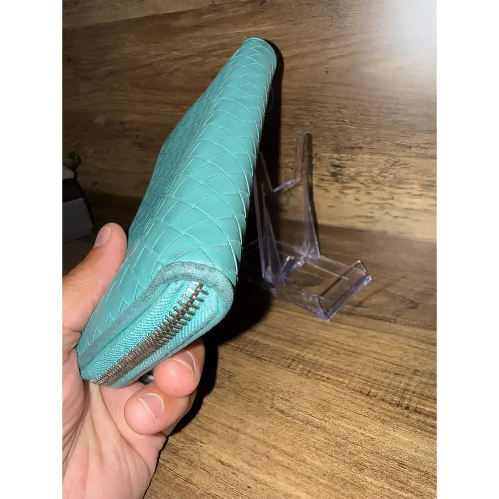 Bottega Veneta Intrecciato Zip-Around Wallet in Turquoise Leather with coa